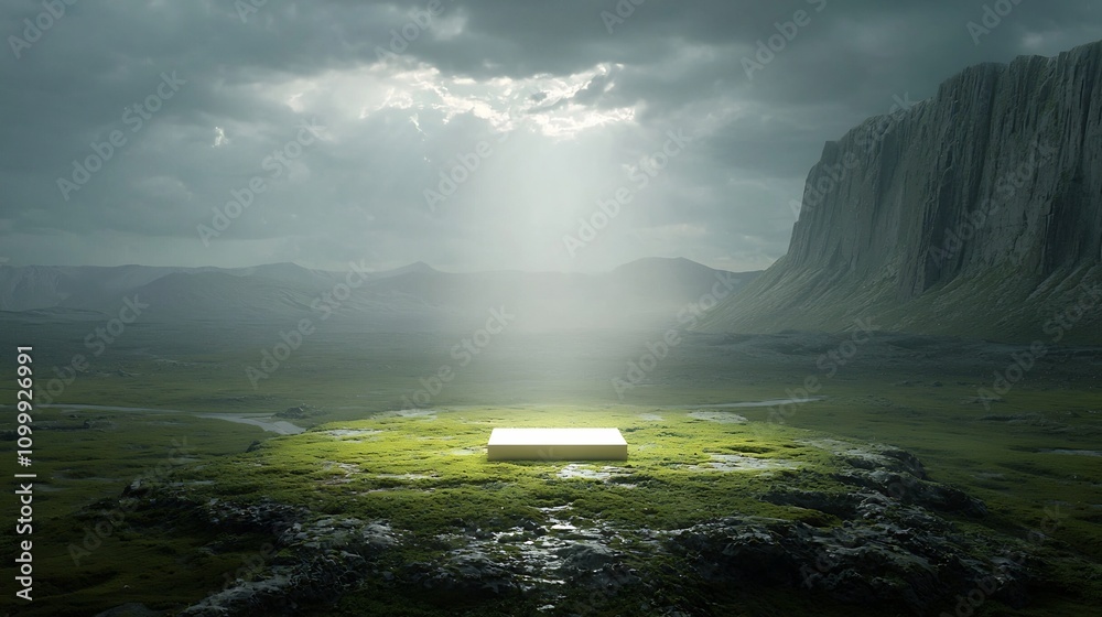 Poster A 3D search bar floating above a digital landscape casting a light that reveals hidden paths symbolizing the power of search to guide and unveil new possibilities