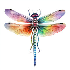 A watercolor painting of a rainbow colored dragonfly 
