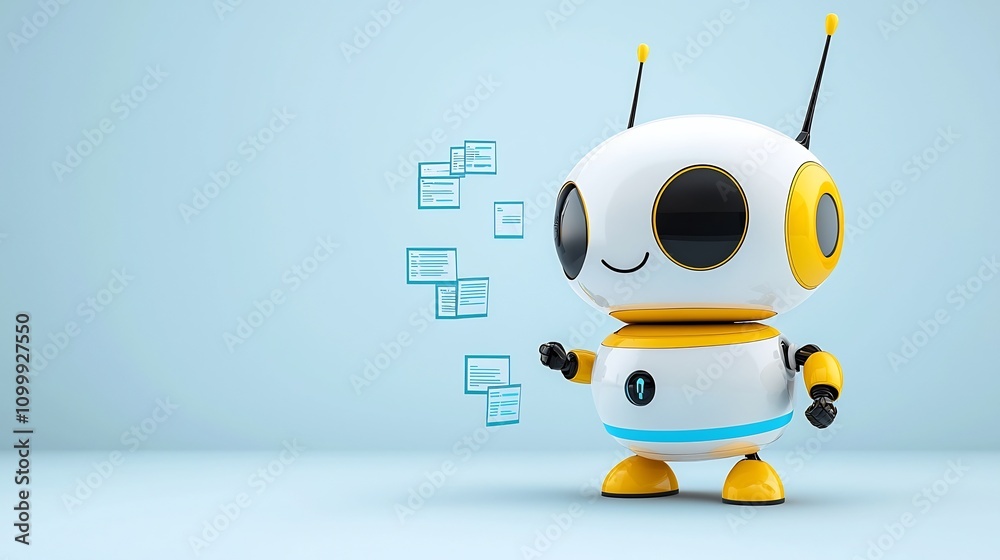 Poster 3D search engine robot symbolically organizing floating digital search results into various geometric categories to represent efficient data management analysis and optimization in a futuristic