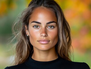 Fototapeta premium A woman with long brown hair wearing a black sweater