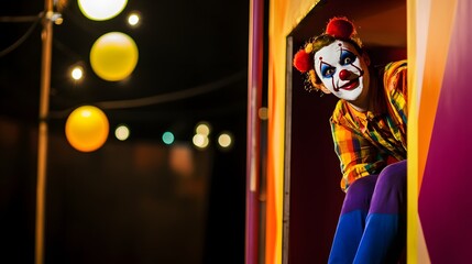 Fototapeta premium Female clown peeking from a colorful booth under festive lights.