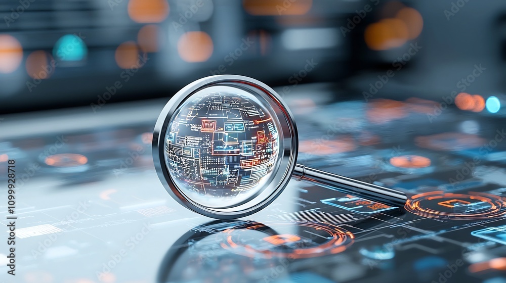 Poster a captivating 3d rendered image showcasing a magnifying glass hovering over a holographic globe