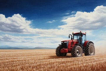 Obraz premium Tractor working in golden wheat field under a bright blue sky filled with clouds