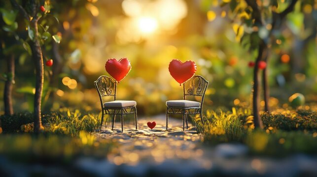 Romantic Garden Setting with Heart Balloons and Chairs
