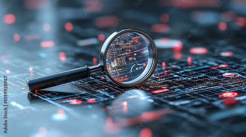 Poster a 3d magnifying glass hovering over a digital network revealing intricate nodes and connections that