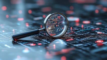 A 3D magnifying glass hovering over a digital network revealing intricate nodes and connections that symbolize the powerful search capabilities of modern technology to uncover obscure and hidden data