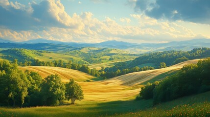 Obraz premium Rolling Hills Landscape With Golden Fields And Trees