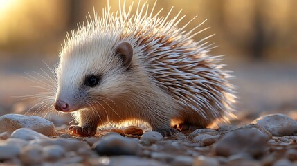 Obraz premium A porcupine exploring a rocky forest floor, quills sharply detailed