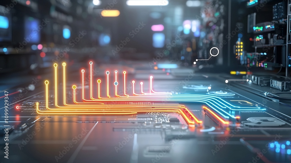 Poster Sleek and dynamic 3D line graph with vibrant neon colors and smooth gradients set against a high tech dark backdrop highlighting the precision and innovation of digital content and data visualization