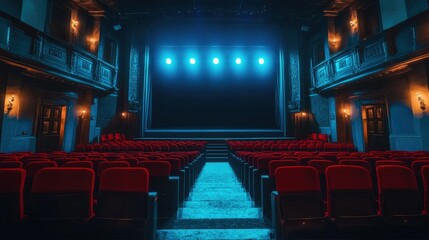 Naklejka premium Vintage Theater Interior with Red Seats and Bright Stage Lights