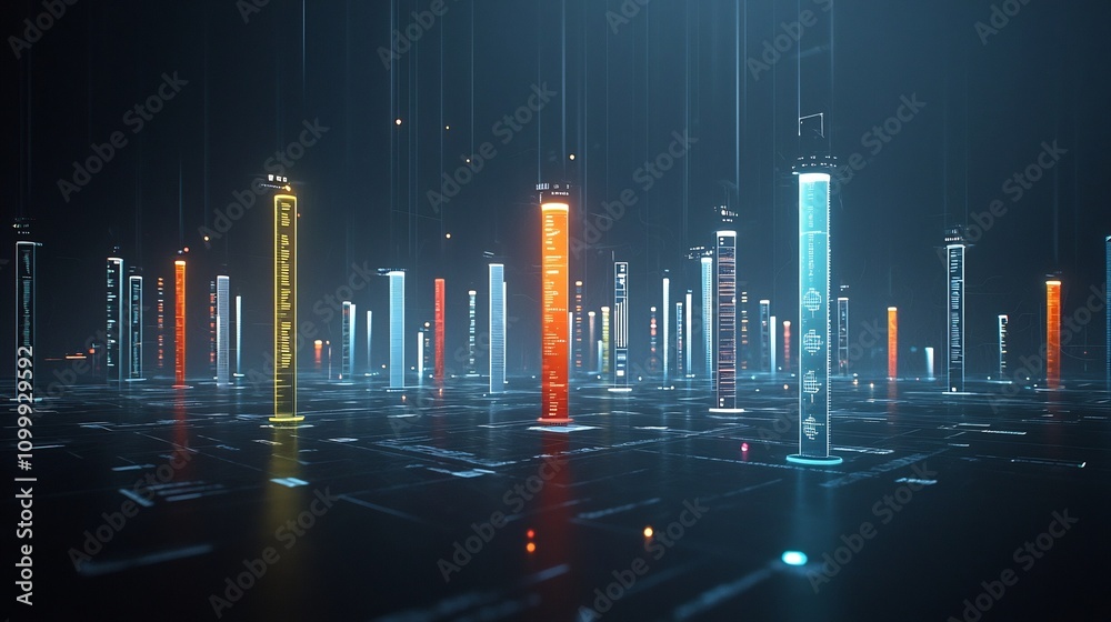 Poster Futuristic 3D data visualization with vibrant interactive bar charts and network graphs over a glowing dark background symbolizing advanced analytics and modern design in the digital era