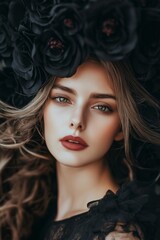 Fototapeta premium A captivating portrait of a woman adorned with a stunning dark floral headpiece, exuding elegance.