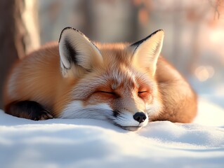 Obraz premium A red fox curled up in a snowy forest, blending seamlessly with the environment