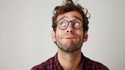 Obraz premium A thoughtful young man with curly hair and glasses looking upward in a casual setting with a neutral background