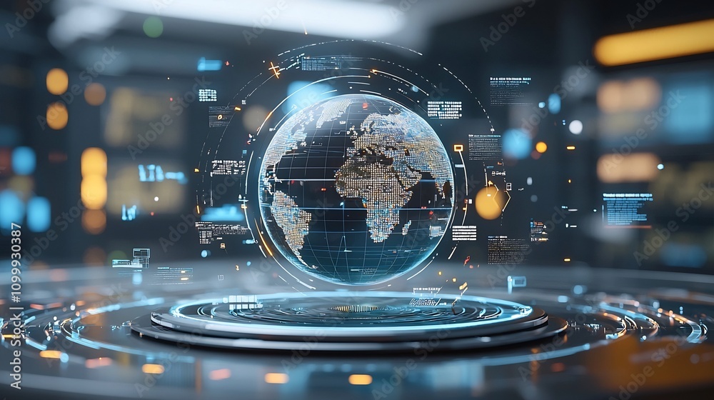 Poster digital globe surrounded by policy documents representing the concept of global economic governance 