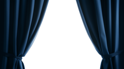 Open navy blue tied stage curtain isolated on transparent background with copy space for text or design