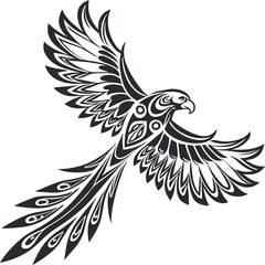 Obraz premium Intricate Black Tribal Bird Design in Mid-Flight, Art & Illustration