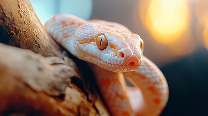 Fototapeta premium A snake coiled around a branch, scales glinting in the light