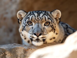 Obraz premium A snow leopard on a rocky ledge, blending into its frosty surroundings