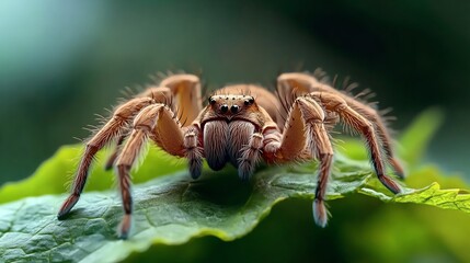 A tarantula crawling over vibrant green leaves in a humid jungle