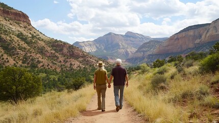 Obraz premium Adventurous Senior Couple Hiking Through Scenic Mountain Trail