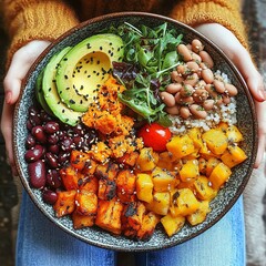 Healthy vegetarian dinner. Woman in jeans and warm sweater holding bowl with fresh salad, avocado, grains, beans, roasted vegetables, close-up. Superfood, clean eating, vegan, dieting food concept