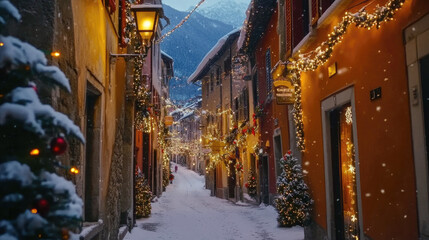 Fototapeta premium Houses decorated for Christmas in mountain village at night, snowy narrow street with lights covered with snow in winter