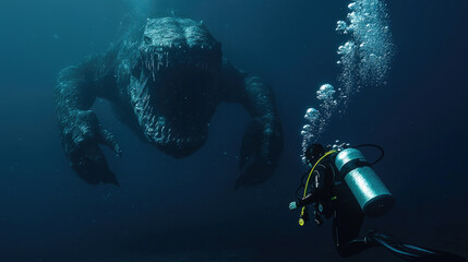 Scary monster and scuba diver underwater in sea, prehistoric marine animal and person in ocean. Concept of horror, fantasy, water, people.