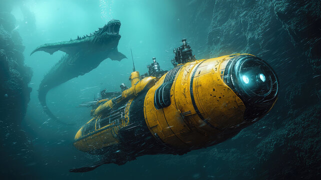 Scary sea monster and research bathyscaphe underwater in deep water, prehistoric marine predator hunts in ocean. Concept of horror, depth, vehicle, lost