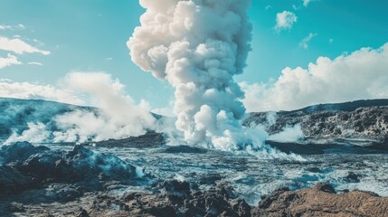 Fototapeta premium Majestic Volcanic Eruption with Dramatic Smoke and Blue Sky