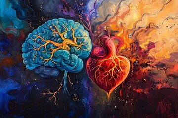 Abstract painting of a human brain and a human heart