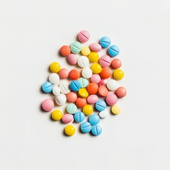 A small pile of colorful pills in white background