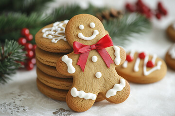 Cute fresh gingerbread man on Christmas background