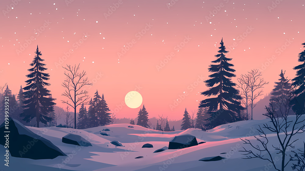 Wall mural A picturesque winter landscape at sunrise, depicting the beauty of nature during christmas. generative ai. Nature. Illustration