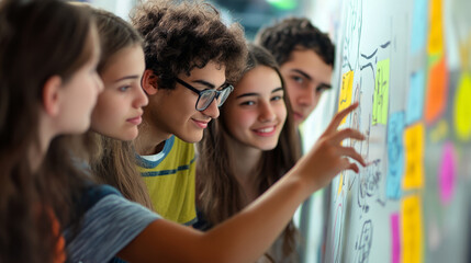 Obraz premium A group of young creators discussing viral trends on a whiteboard, with their brainstorming session in progress