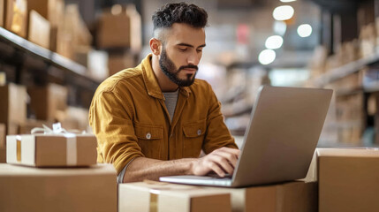 Obraz premium An e-commerce business owner analyzing a budget report on a laptop, comparing online sales revenue, advertising costs, and shipping expenses