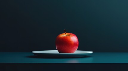Single red apple on a white plate against a dark teal background.
