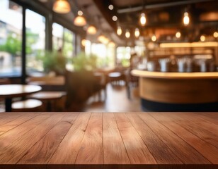 blurred coffee shop interior background with empty wooden table for product display illustration