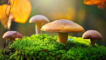 Fototapeta premium mushroom on green moss fall mushroom