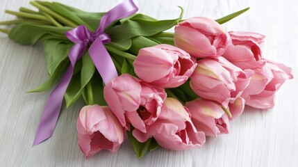 Delicate Pink Tulips Tied With A Purple Ribbon