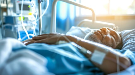 Unconscious person on hospital bed with medical equipment and IV drips, symbolizing aftermath of drug overdose, focused on distressed face in dimly lit room.