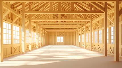 Naklejka premium Sunlit empty wooden structure interior with exposed beams, large windows, and high ceilings.