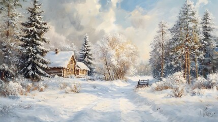 A snow-covered path leading through a pine forest toward a rustic country house, surrounded by winter scenery 