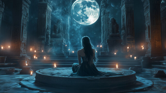 A serene yet powerful Lilith in a moonlit temple, surrounded by ancient carvings and flickering candles