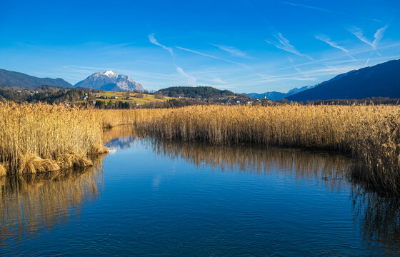 See mit Schilf im Gailtal, Pressegger See, K&auml;rnten, &Ouml;sterreich
