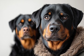 Two Rottweilers posing, one wearing a furry coat.