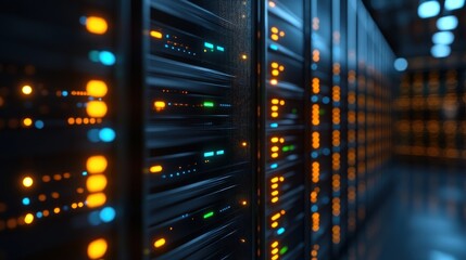 Illuminated server racks in a modern data center.