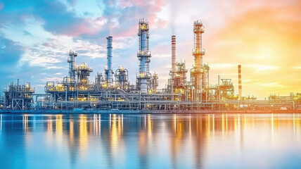 Obraz premium wide view of oil refinery with smokestacks against colorful sunset, reflecting on water. scene captures industrial landscape and vibrant sky
