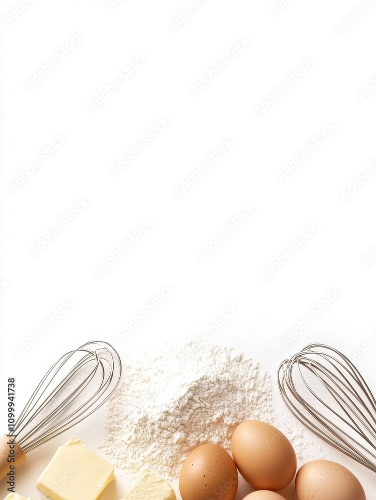 Aufkleber Flour, eggs, butter, and a whisk are neatly arranged on a white background, creating a clean surface for baking-related text. Generative AI