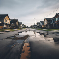 Empty Street, a road with houses and water holes, the empty road and grey skies adds to the grim vibe, 
